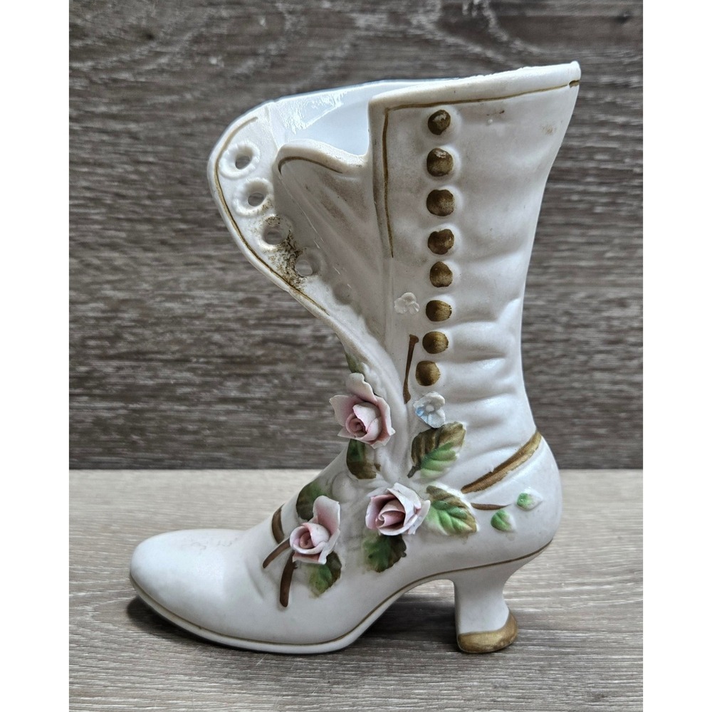Vintage Porcelain Victorian Boot Vase Pink Applied Roses Gold Trim Shoe Planter